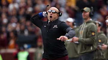 Nov 1, 2025; Minneapolis, Minnesota, USA; Minnesota Golden Gophers head coach P.J. Fleck reacts during the first half against the Michigan State Spartans at Huntington Bank Stadium. Mandatory Credit: Matt Krohn-Imagn Images