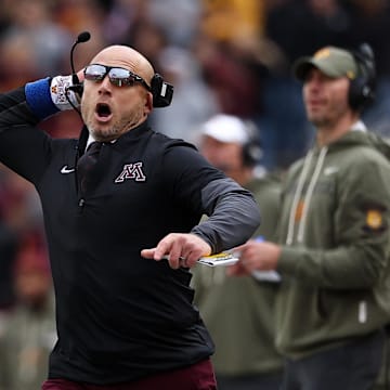 Nov 1, 2025; Minneapolis, Minnesota, USA; Minnesota Golden Gophers head coach P.J. Fleck reacts during the first half against the Michigan State Spartans at Huntington Bank Stadium. Mandatory Credit: Matt Krohn-Imagn Images