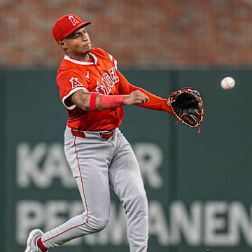 Jul 1, 2025; Cumberland, Georgia, USA; Los Angeles Angels second baseman Christian Moore (4) throws out Atlanta Braves designated hitter Marcell Ozuna (20) (not shown) during the eighth inning at Truist Park. Mandatory Credit: Dale Zanine-Imagn Images