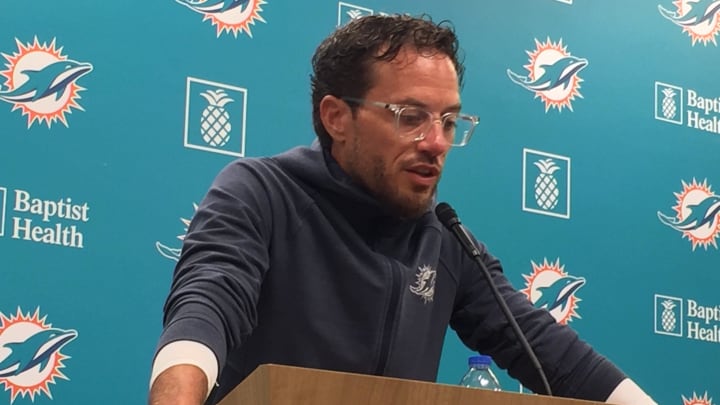 Miami Dolphins coach Mike McDaniel speaking to members of the media about Friday night's preseason game against the Atlanta Falcons.