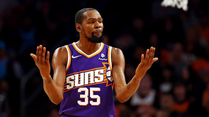 Mar 3, 2024; Phoenix, Arizona, USA; Phoenix Suns forward Kevin Durant (35) reacts to a play during