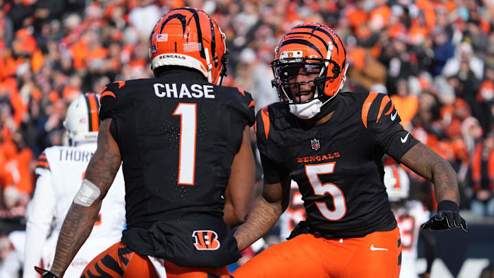 Cincinnati Bengals wide receivers Ja'Marr Chase and Tee Higgins celebrate against the Cleveland Browns on Sunday, Dec. 22, 2024.