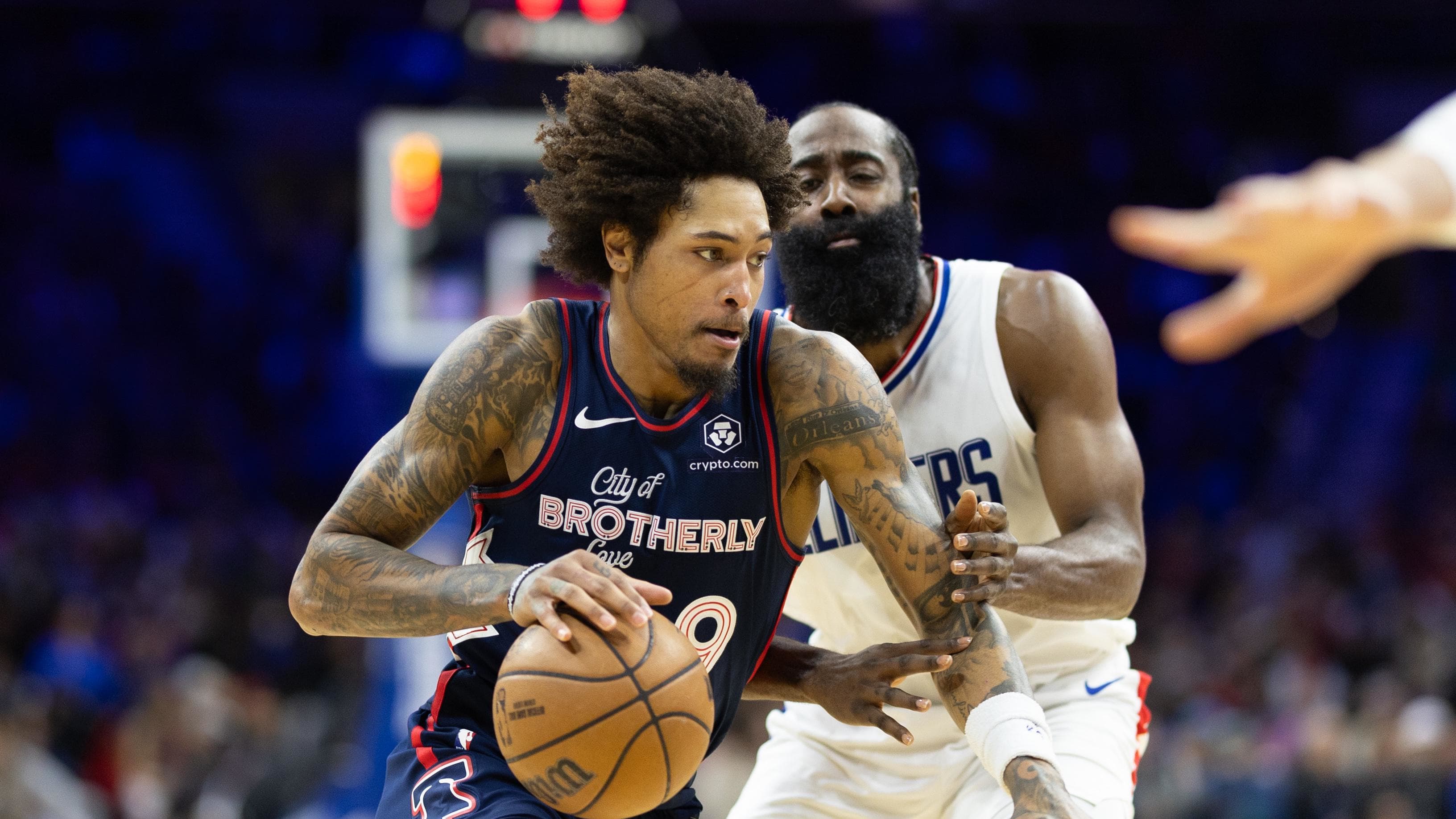 Mar 27, 2024; Philadelphia, Pennsylvania, USA; Philadelphia 76ers guard Kelly Oubre Jr. (9) drives