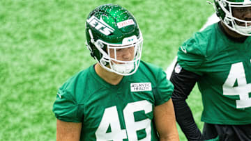 May 9, 2025; Florham Park, NJ, USA; New York Jets rookie tight end Mason Taylor (46) participates in a drill during the minicamp at Atlantic Health Jets Training Center. Mandatory Credit: Thomas Salus-Imagn Images