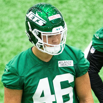 May 9, 2025; Florham Park, NJ, USA; New York Jets rookie tight end Mason Taylor (46) participates in a drill during the minicamp at Atlantic Health Jets Training Center. Mandatory Credit: Thomas Salus-Imagn Images