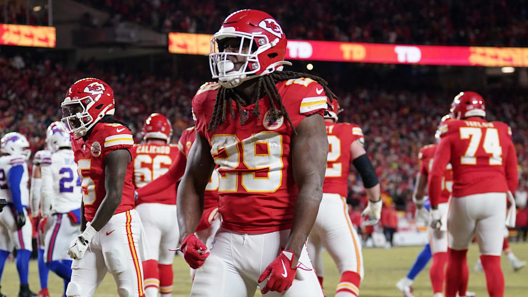Jan 26, 2025; Kansas City, MO, USA; Kansas City Chiefs running back Kareem Hunt (29) reacts after scoring a touchdown against the Buffalo Bills during the first half in the AFC Championship game at GEHA Field at Arrowhead Stadium.