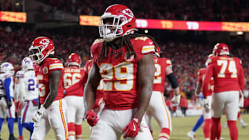 Jan 26, 2025; Kansas City, MO, USA; Kansas City Chiefs running back Kareem Hunt (29) reacts after scoring a touchdown against the Buffalo Bills during the first half in the AFC Championship game at GEHA Field at Arrowhead Stadium.