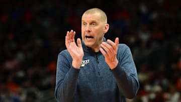 Mar 23, 2025; Milwaukee, WI, USA;  Kentucky Wildcats head coach Mark Pope reacts during the second half in the second round of the NCAA Tournament against the Illinois Fighting Illini at Fiserv Forum. Mandatory Credit: Benny Sieu-Imagn Images