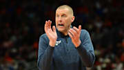 Mar 23, 2025; Milwaukee, WI, USA;  Kentucky Wildcats head coach Mark Pope reacts during the second half in the second round of the NCAA Tournament against the Illinois Fighting Illini at Fiserv Forum. Mandatory Credit: Benny Sieu-Imagn Images
