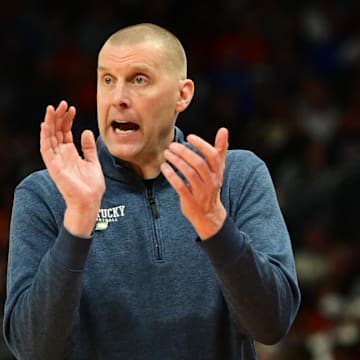 Mar 23, 2025; Milwaukee, WI, USA;  Kentucky Wildcats head coach Mark Pope reacts during the second half in the second round of the NCAA Tournament against the Illinois Fighting Illini at Fiserv Forum. Mandatory Credit: Benny Sieu-Imagn Images