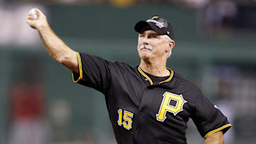 Oct 1, 2013; Pittsburgh, PA, USA; Pittsburgh Pirates former pitcher Doug Drabek throws out the ceremonial first pitch before National League wild card playoff baseball game against the Cincinnati Reds at PNC Park. Mandatory Credit: Charles LeClaire-Imagn Images