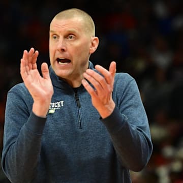 Mar 23, 2025; Milwaukee, WI, USA;  Kentucky Wildcats head coach Mark Pope reacts during the second half in the second round of the NCAA Tournament against the Illinois Fighting Illini at Fiserv Forum. Mandatory Credit: Benny Sieu-Imagn Images
