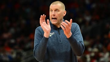 Mar 23, 2025; Milwaukee, WI, USA;  Kentucky Wildcats head coach Mark Pope reacts during the second half in the second round of the NCAA Tournament against the Illinois Fighting Illini at Fiserv Forum. Mandatory Credit: Benny Sieu-Imagn Images