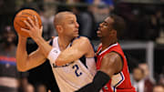 Feb 13, 2012; Dallas, TX, USA; Dallas Mavericks guard Jason Kidd (2) defended by Los Angeles Clippers guard Chris Paul (3) in the second quarter at American Airlines Center. The Mavs beat the Clippers 96-92. Mandatory Credit: Matthew Emmons-Imagn Images