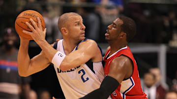 Feb 13, 2012; Dallas, TX, USA; Dallas Mavericks guard Jason Kidd (2) defended by Los Angeles Clippers guard Chris Paul (3) in the second quarter at American Airlines Center. The Mavs beat the Clippers 96-92. Mandatory Credit: Matthew Emmons-Imagn Images