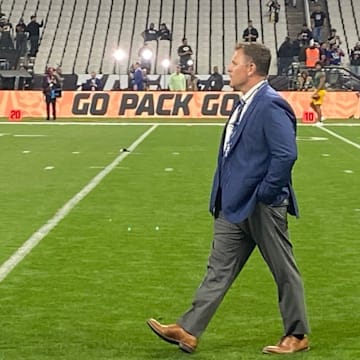 Green Bay Packers general manager Brian Gutekunst walks on the field pregame at Arena Corinthians in São Paulo, Brazil.