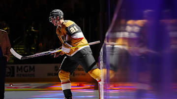 Nov 2, 2024; Las Vegas, Nevada, USA; Vegas Golden Knights center Brett Howden (21) is named First Star of the Game after scoring the game-winning goal in overtime against the Utah Hockey Club to give the Golden Knights a 4-3 win at T-Mobile Arena. Mandatory Credit: Stephen R. Sylvanie-Imagn Images