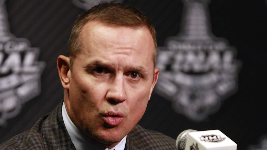 Jun 2, 2015; Tampa, FL, USA; Detroit Red Wings general manager Steve Yzerman talks with media during media day the day before the 2015 Stanley Cup Final at Amalie Arena. Mandatory Credit: Kim Klement-Imagn Images
