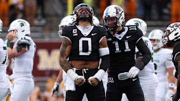 Nov 1, 2025; Minneapolis, Minnesota, USA; Minnesota Golden Gophers defensive lineman Anthony Smith (0) celebrates during the first half against the Michigan State Spartans at Huntington Bank Stadium. Mandatory Credit: Matt Krohn-Imagn Images