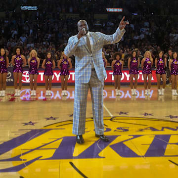 Mar 24, 2017; Los Angeles, CA, USA: Former Los Angeles Lakers center Shaquille O'Neal speaks during a NBA game between the Los Angeles Lakers and the Minnesota Timberwolves at the Staples Center. Mandatory Credit: Kirby Lee-Imagn Images