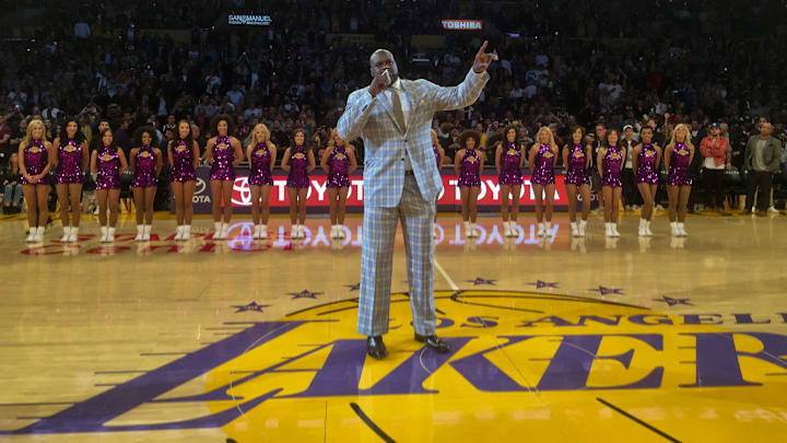 Mar 24, 2017; Los Angeles, CA, USA: Former Los Angeles Lakers center Shaquille O'Neal speaks during a NBA game between the Los Angeles Lakers and the Minnesota Timberwolves at the Staples Center. Mandatory Credit: Kirby Lee-Imagn Images