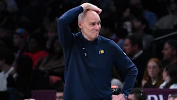 Apr 3, 2024; Brooklyn, New York, USA; Indiana Pacers head coach Rick Carlisle reacts during the second quarter against the Brooklyn Nets at Barclays Center. Mandatory Credit: John Jones-Imagn Images