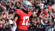 Ohio State Buckeyes WR Carnell Tate celebrates his touchdown during the second quarter against the Penn State Nittany Lions.