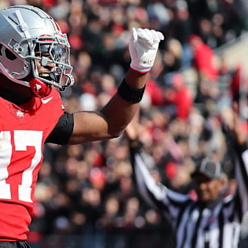Ohio State Buckeyes WR Carnell Tate celebrates his touchdown during the second quarter against the Penn State Nittany Lions.