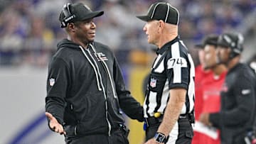  Atlanta Falcons head coach Raheem Morris reacts after a play during the first half against the Minnesota Vikings at U.S. Bank Stadium.