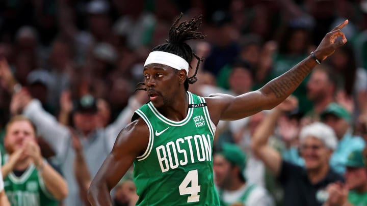 Jun 17, 2024; Boston, Massachusetts, USA; Boston Celtics guard Jrue Holiday (4) celebrates after making a thee pointer against the Dallas Mavericks in game five of the 2024 NBA Finals at TD Garden. Mandatory Credit: Peter Casey-USA TODAY Sports