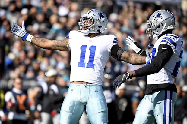 Dallas Cowboys linebacker Micah Parsons celebrates a sack during the first quarter against the Jacksonville Jaguars.