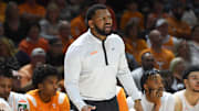Assistant coach Rod Clark yells to the court during an NCAA college basketball game between the Missouri Tigers and the Tennessee Volunteers in Thompson-Boling Arena in Knoxville, Saturday Feb. 11, 2023. Missouri defeated Tennessee in the final second of the game, 86-85.