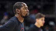 Oct 16, 2025; Atlanta, Georgia, USA; Houston Rockets forward Kevin Durant (7) warms up prior to the game against the Atlanta Hawks at State Farm Arena. Mandatory Credit: Dale Zanine-Imagn Images