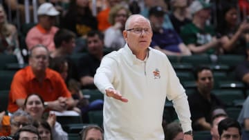 Mar 6, 2024; Coral Gables, Florida, USA; Miami Hurricanes head coach Jim Larranaga reacts against the Boston College Eagles during the second half at Watsco Center. Mandatory Credit: Sam Navarro-USA TODAY Sports