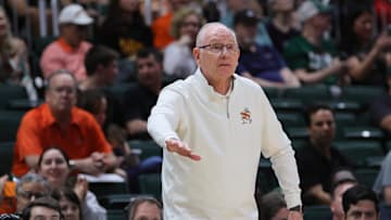 Mar 6, 2024; Coral Gables, Florida, USA; Miami Hurricanes head coach Jim Larranaga reacts against the Boston College Eagles during the second half at Watsco Center. Mandatory Credit: Sam Navarro-Imagn Images