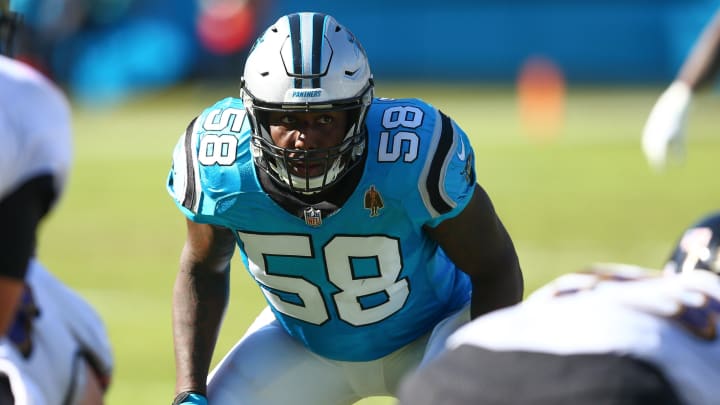 Oct 28, 2018; Charlotte, NC, USA; Carolina Panthers linebacker Thomas Davis (58) lines up against the Baltimore Ravens at Bank of America Stadium. Mandatory Credit: Jeremy Brevard-USA TODAY Sports