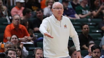 Mar 6, 2024; Coral Gables, Florida, USA; Miami Hurricanes head coach Jim Larranaga reacts against the Boston College Eagles during the second half at Watsco Center. Mandatory Credit: Sam Navarro-USA TODAY Sports