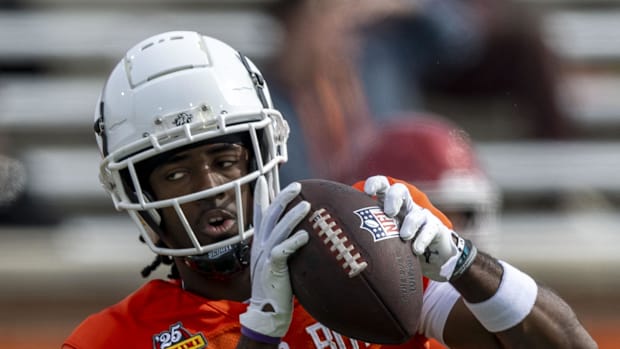 American team wide receiver Jalen Royals of Utah State makes a catch during Senior Bowl practice for the American team. 