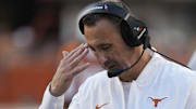 Nov 22, 2025; Austin, Texas, USA; Texas Longhorns head coach Steve Sarkisian pauses during the second half against the Arkansas Razorbacks at Darrell K Royal-Texas Memorial Stadium. Mandatory Credit: Scott Wachter-Imagn Images