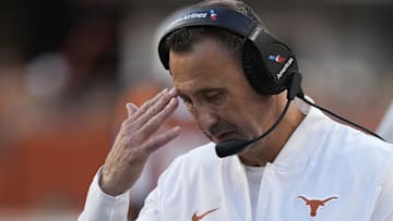 Nov 22, 2025; Austin, Texas, USA; Texas Longhorns head coach Steve Sarkisian pauses during the second half against the Arkansas Razorbacks at Darrell K Royal-Texas Memorial Stadium. Mandatory Credit: Scott Wachter-Imagn Images
