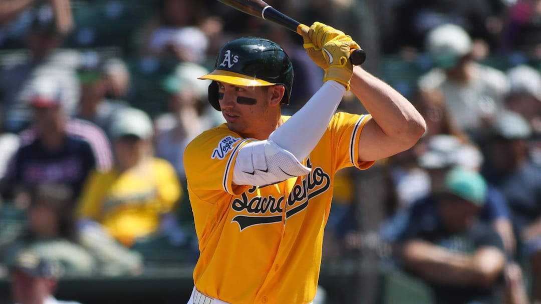 Apr 18, 2026; West Sacramento, California, USA; Athletics left fielder Tyler Soderstrom (21) bats during the fifth inning against the Chicago White Sox at Sutter Health Park. Mandatory Credit: Scott Marshall-Imagn Images