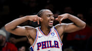 Nov 2, 2025; Brooklyn, New York, USA; Philadelphia 76ers guard Tyrese Maxey (0) flexes his muscles from the bench during the second half against the Brooklyn Nets at Barclays Center. Mandatory Credit: John Jones-Imagn Images