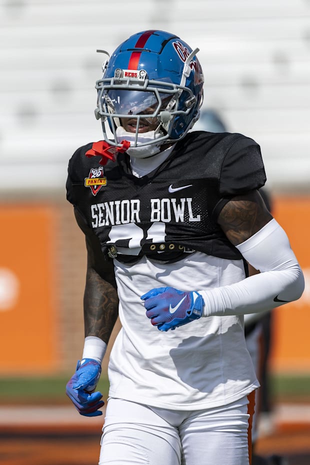 American team defensive back Trey Amos of Ole Miss runs through drills during Senior Bowl practice American team defensive back Trey Amos of Ole Miss runs through drills during Senior Bowl practice