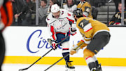 Nov 17, 2024; Las Vegas, Nevada, USA; Washington Capitals left wing Alex Ovechkin (8) shoots against the Vegas Golden Knights during the first period at T-Mobile Arena. Mandatory Credit: Stephen R. Sylvanie-Imagn Images