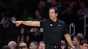 Oct 28, 2025; Miami, Florida, USA; Miami Heat head coach Erik Spoelstra signals from the sideline against the Charlotte Hornets during the first quarter at Kaseya Center. Mandatory Credit: Sam Navarro-Imagn Images