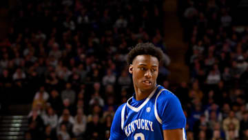 Jan 25, 2025; Nashville, Tennessee, USA;  Kentucky Wildcats guard Jaxson Robinson (2) dribbles the ball against the Vanderbilt Commodores during the second half at Memorial Gymnasium. Mandatory Credit: Steve Roberts-Imagn Images