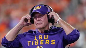 Aug 30, 2025; Clemson, South Carolina, USA; LSU Tigers head coach Brian Kelly looks on during the second half at Memorial Stadium. Mandatory Credit: Ken Ruinard-USA TODAY Network via Imagn Images