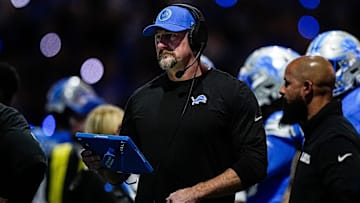 Detroit Lions head coach Dan Campbell looks on at the end of first quarter against Green Bay Packers at Ford Field in Detroit on Thursday, Dec. 5, 2024.