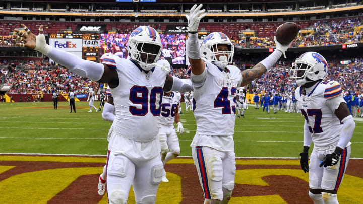 Sep 24, 2023; Landover, Maryland, USA; Buffalo Bills linebacker Terrel Bernard (43) celebrates with