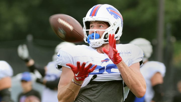 Dawson Knox catches a deep pass during training camp.